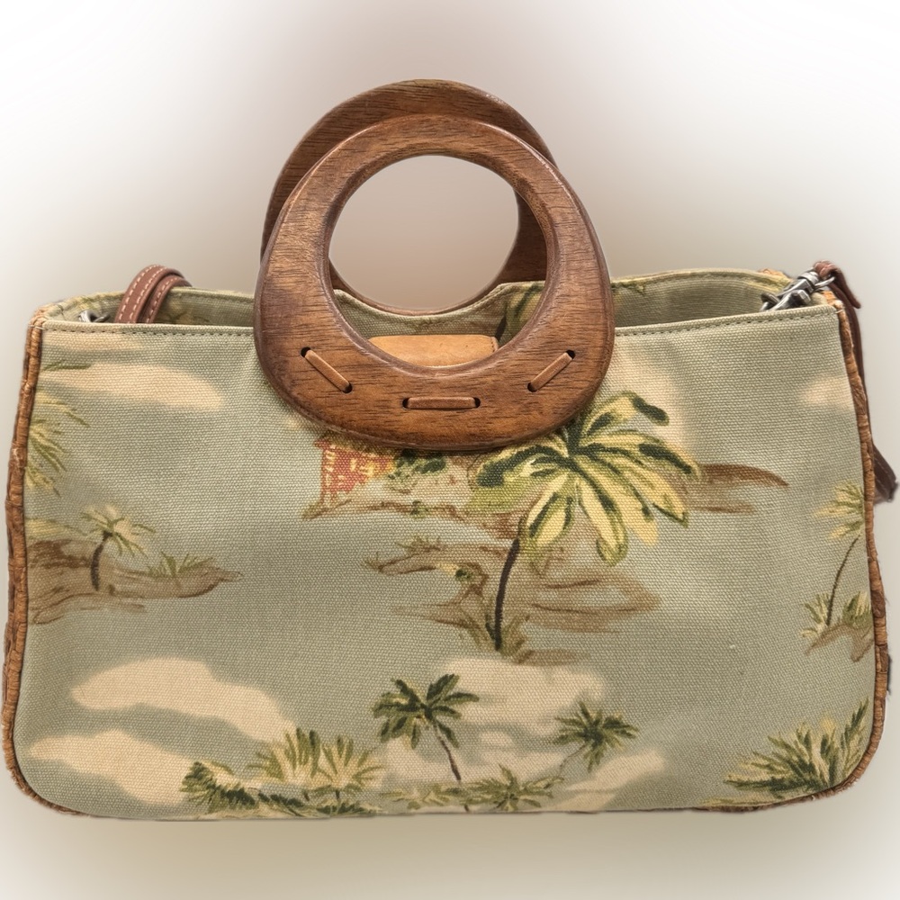 Fossil Y2K Key-Per Tropical Canvas Handbag 1950s-Inspired Design Wooden Handles